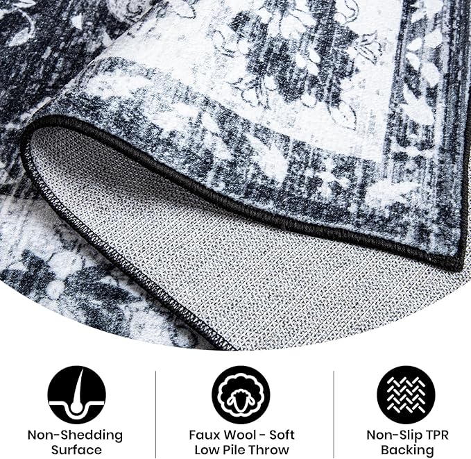 Area Rug for Living Room, 9x12 Machine Washable Non Slip Large Faux Wool Throw Rug, 0.3″ Low Pile & Non-Shedding Boho Large Carpet Rugs for for Dining Room, Bedroom, Office (Black White)