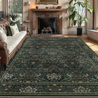 5x7 Floral Washable Area Rug for Living Room, Vintage Boho Large Rug for Bedroom Dining Room， Distressed Botanical Birds Non Slip Low Pile Forest Animal Throw Carpet for Farmhouse Office, Dark Green