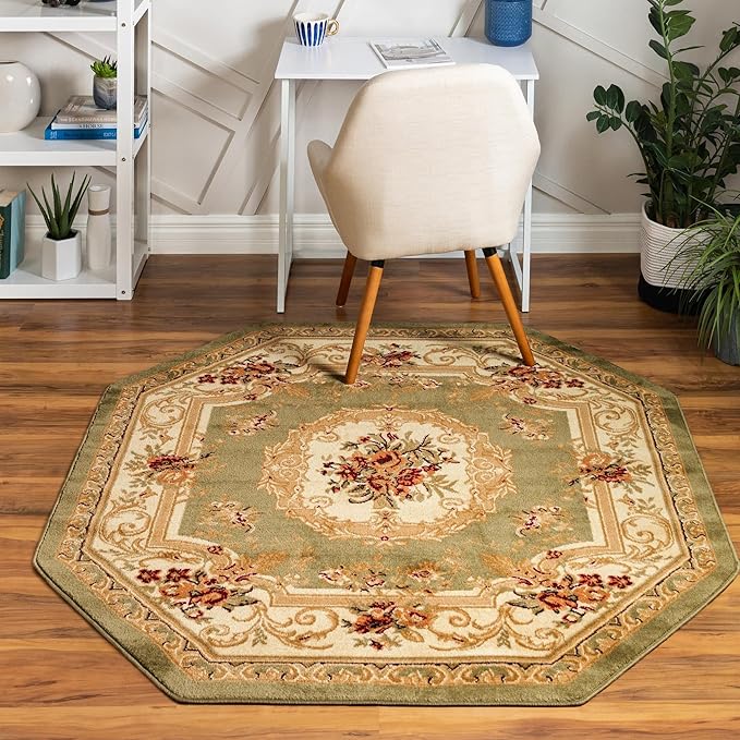 Rugs.com Chateau Collection Rug – 5' 3 Octagon Green Medium Rug Perfect for Living Rooms, Kitchens, Entryways
