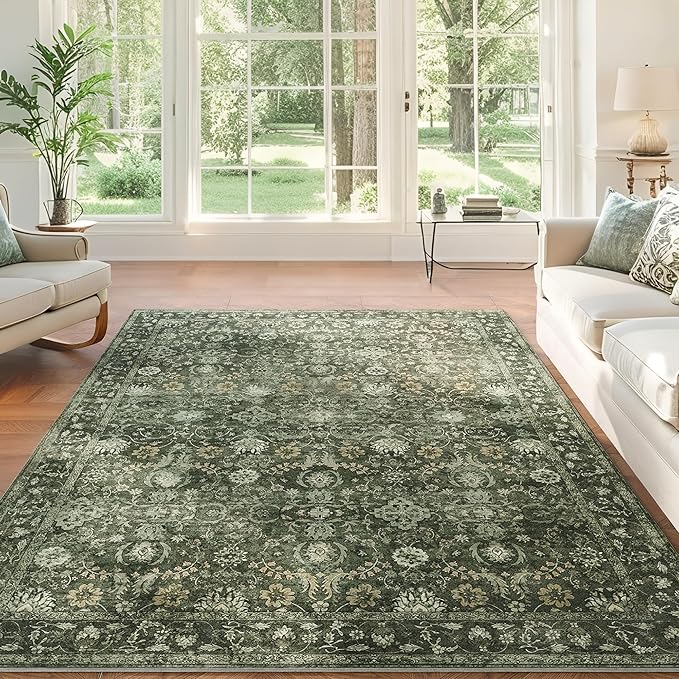 8x10 Washable Rugs for Living Room, Soft Large Rugs Green Area Rug, Indoor Vintage Carpet for Bedroom Dining Room Office, Rubber Backed Non Slip Low Pile Mat, Dark Olive Green
