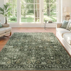 6x9 Rugs for Living Room, Soft Large Area Rugs Green Washable Rug, Indoor Vintage Rugs for Bedroom Home Office Laundry, Rubber Backed Non Slip Low Pile Carpet, Dark Olive Green