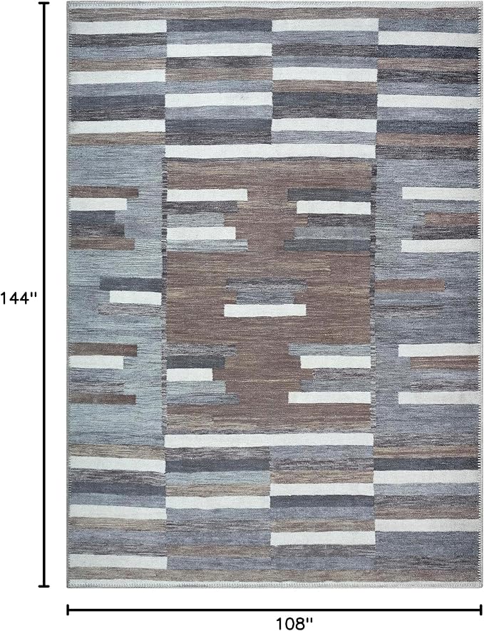 Bloom Rugs Washable Non-Slip 9' x 12' Rug - Blue/Brown Striped Area Rug for Living Room, Bedroom, Dining Room, and Kitchen - Exact Size: 9' x 12'