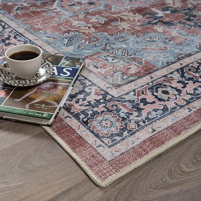 Fame Rugs Turkish Rug. Washable Vintage Oriental Antique Inspired Traditional Doormat Small Modern Area Rugs Luxury Entryway Entry Bedroom Bathroom Kitchen (401TB, 2'5 x 13'1)