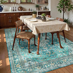 Washable Area Rug 3' x 5 ' Vintage Traditional Persian Mat - Foldable Distressed Non-Slip Machine Washable Carpet for Living Room Bedroom Kitchen Home Decor - Teal and Gold