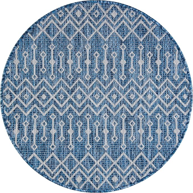 Unique Loom Outdoor Trellis Collection Area Rug - Tribal Trellis (3' 1" Round, Blue/ Ivory)