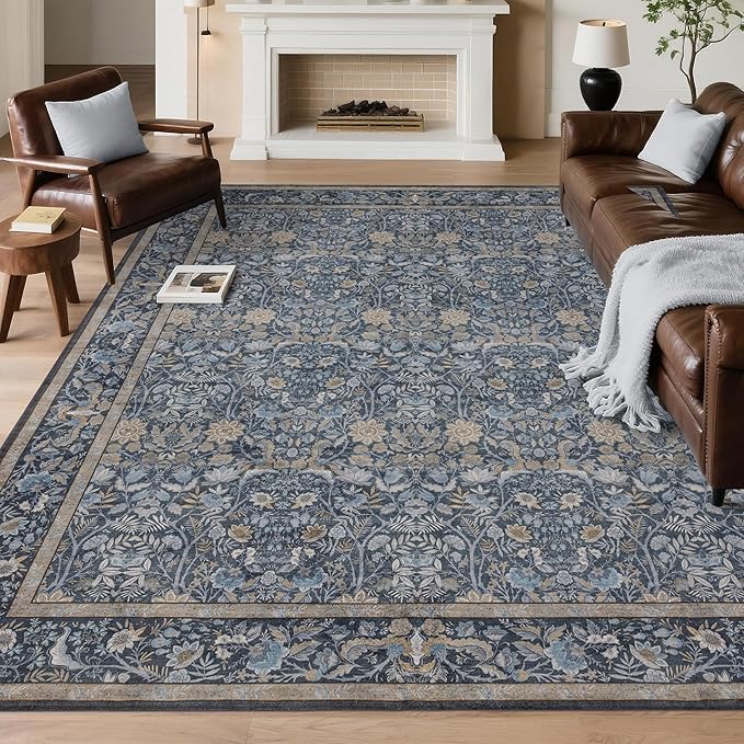 Washable Living Room Rug: 5x7 Boho Floral Soft Area Rug for Bedroom Decor - Vintage Low Pile Thin Carpet for Dining Room Non-Slip - Farmhouse Stain Resistant Rugs - Slate Blue