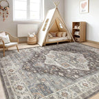 9x12 Area Rug Living Room: Washable Boho Large Neutral Vintage Soft Rugs Stain Resistant Farmhouse Non-Slip Indoor Floor Carpet for Bedroom Nursery Kids Office Dining Room Playroom- Grey Brown
