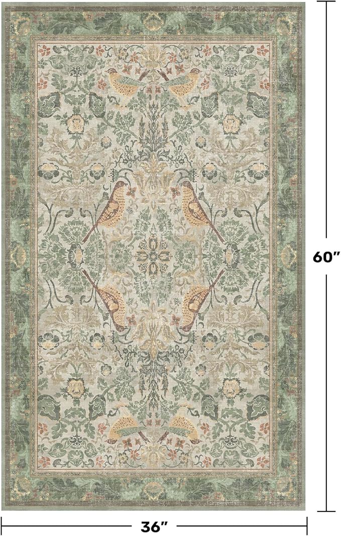 Boho Large Entryway Rugs Indoor - Sage Green 3x5 Washable Rugs for Kitchen Bedroom Beside Bed Laundry Room Door Mat Indoor Entrance with Light Green Woodland Flowers, Non Slip Stain Resistant Low Pile