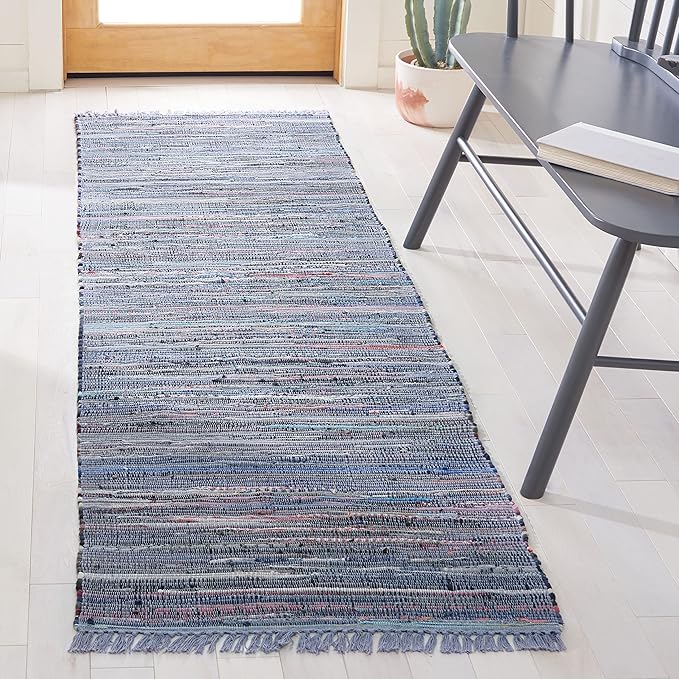 SAFAVIEH Rag Rug Collection Runner Rug - 2'3" x 8', Purple & Multi, Handmade Boho Stripe Cotton, Ideal for High Traffic Areas in Living Room, Bedroom (RAR121D)