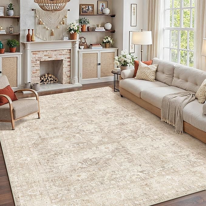 8x10 Beige Washable Area Rug for Living Room Bedroom Neutral Soft Non Slip Rug Low Pile Vintage Distressed Carpet for Dining Room Nursery Office Indoor