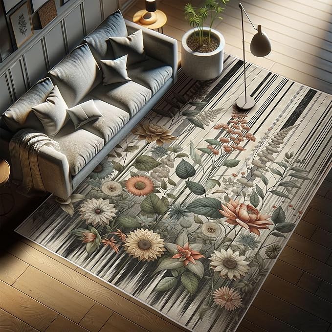 Ambesonne Botanical Decorative Rug, Nostalgic Garden Pattern with Flowers and Leaves on Retro Stripes, Quality Carpet for Bedroom Dorm and Living Room, 2' x 5', Sage Green and Salmon