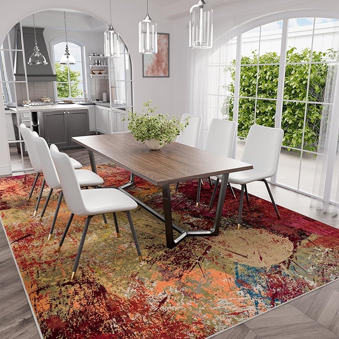 Arbosofe Modern Abstract Rug for Living Room, 6'x9' Washable Area Rug with Non-Slip Backing & Short Pile, Large Carpet with Abstract Pattern for Living Room Bedroom and Dining Floor Carpet Red Orange