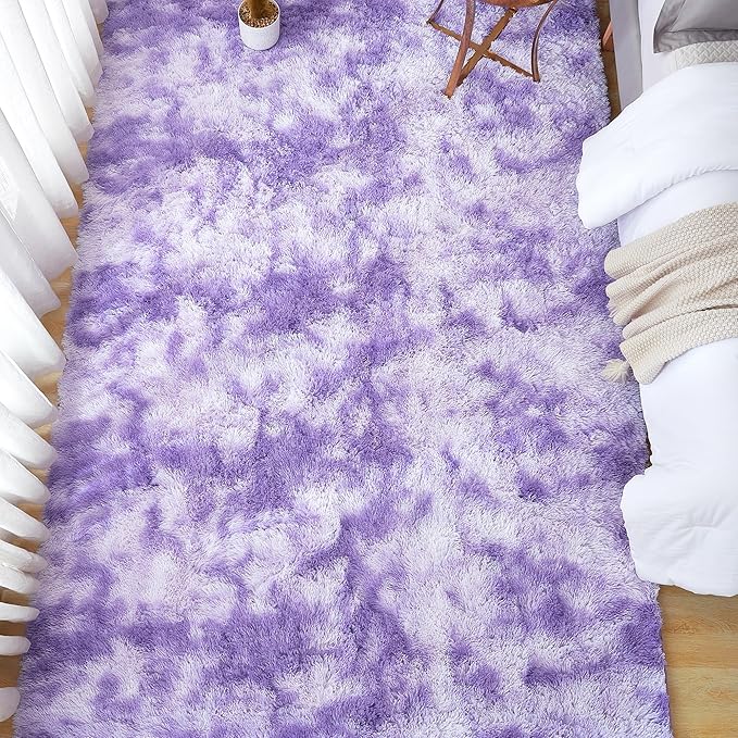 Andency Soft Area Rugs for Living Room Bedroom, 3x5 Non-Slip Fluffy Shag Carpet, Indoor Floor Fuzzy Shaggy Living Room Plush Rug for Kids Dorm Nursery Home Decor Aesthetic, Tie-Dyed Purple