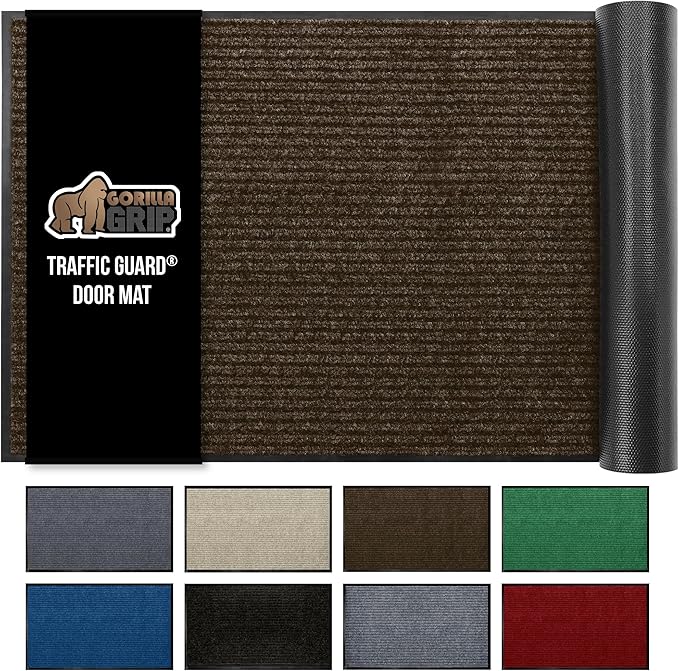 GORILLA GRIP Waterproof Traffic Guard Door Mat, 35x23, Heavy Duty Entryway Mats, Strong Rubber Back Commercial Utility Rugs for Office Hallway, Garage Floor and Home, Low Profile Carpet Runner, Brown