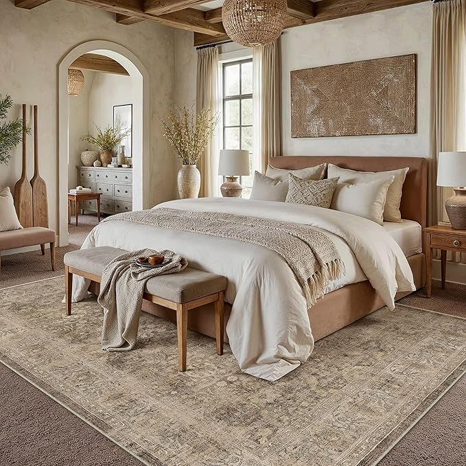 6x9 Rust Brown Washable Area Rug for Living Room Bedroom Neutral Soft Non Slip Rug Low Pile Vintage Distressed Carpet for Dining Room Nursery Office