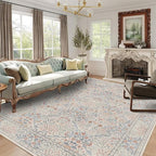 6x9 Floral Washable Area Rugs for Living Room, Vintage Boho Large Rug for Bedroom Dining Room， Distressed Botanical Birds Non Slip Low Pile Forest Animal Throw Carpet for Farmhouse Office, Beige Blue