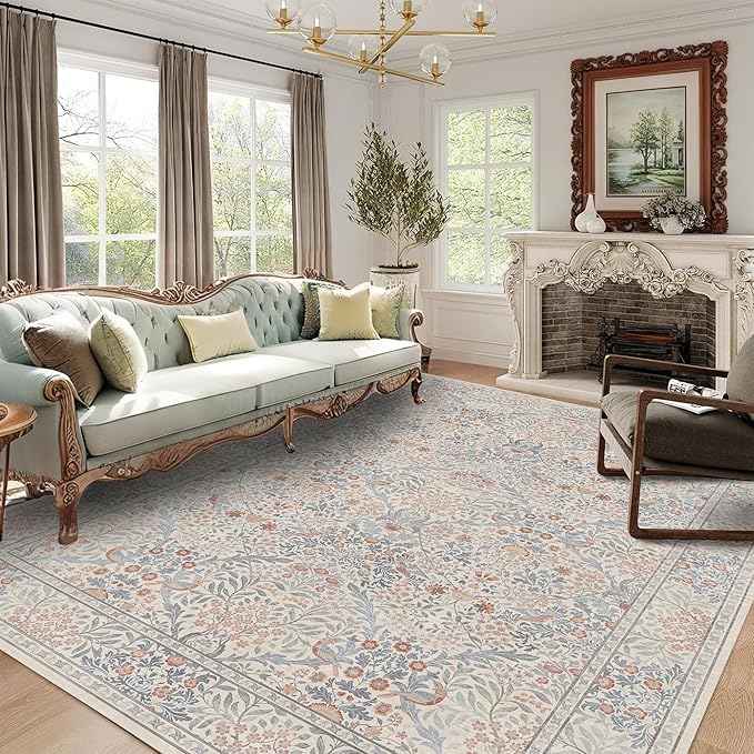 6x9 Floral Washable Area Rugs for Living Room, Vintage Boho Large Rug for Bedroom Dining Room， Distressed Botanical Birds Non Slip Low Pile Forest Animal Throw Carpet for Farmhouse Office, Beige Blue