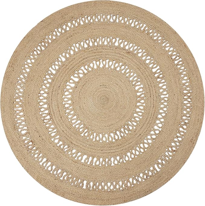 REDEARTH · Round Area Rug - 6 Feet Braided Scalloped Earthy Trails Jute Rug- Artisan Made Boho Jute Patterned Rugs for Bedroom, Kitchen, Living Room, Farmhouse, Aesthetic, Handmade Vintage Décor