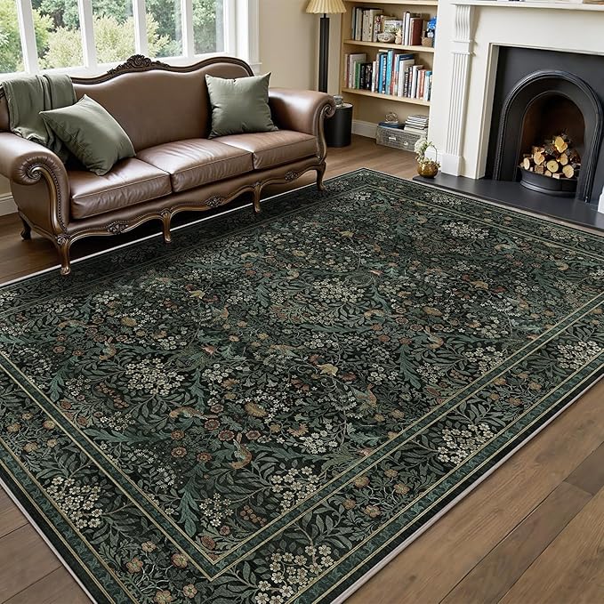 6x9 Floral Washable Area Rug for Living Room, Vintage Boho Large Rug for Bedroom Dining Room， Distressed Botanical Birds Non Slip Low Pile Forest Animal Throw Carpet for Farmhouse Office, Dark Green