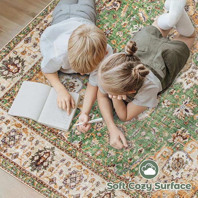 Area Rug 8x10 Washable Rug, Vintage Boho Medallion Rugs Non-Slip Soft Low Pile Large Distressed Rug Indoor Retro Carpet for Living Room Bedroom Dining Room Home Office (Vintage Green, 8'x10')
