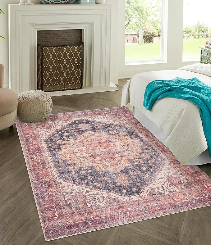 GLN Rugs Traditional Collection - Machine Washable Area Rug, Traditional Washable, Non Slip, Low Pile Chenille Rug, Living Room, Bedroom, Kitchen Rug (5' x 7' Black/Terra)