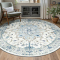 Area Rugs 5ft Washable Non-Slip, Floral Vintage Distress Print Pattern Medallion Carpet for Living Room Bedroom Dining Room, Light Blue Navy Beige Gray White