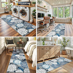 2x6 Washable Runner Rug for Hallway Tropical Botanical Modern Floral Chenille Kitchen Rugs Low Pile Non Slip Carpet for Patio, Bedroom, Laundry, Blue