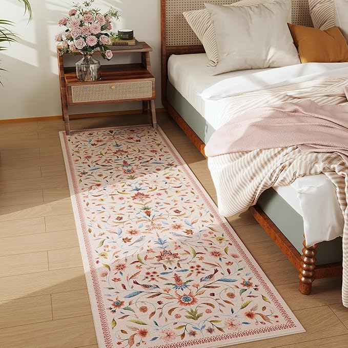 Vintage Medallion Floral Kitchen Runner 2x6, Machine Washable Rug, Soft Low Pile, Non-Slip Carpet for Hallways, Laundry, Bedroom, Bathroom, Entryway | Pink