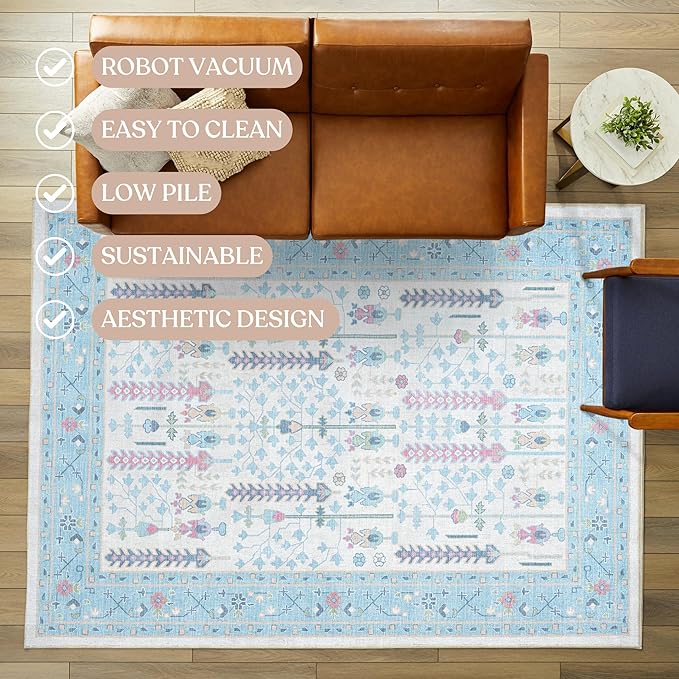 Fame Living Cream Blue Oushak Rug, Modern Rugs, Vintage, Turkish, Eclectic, Floral, Pastel, Washable, Small Throw, Accent Area Rug for Living Room, Bedroom, Kitchen, Bathroom, 2'5"x4'9