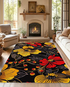 Black Floral Washable Living Room Area Rug, Low Profile Abstract Pattern, Non-Slip Backing Carpet for Kitchen, Bedroom, Dining Room