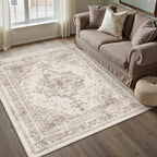 Area Rug 4x6 Beige Washable Office Entryway Vintage Medallion Carpet Non Slip Retro Indoor Mat Low Pile Soft Distressed Small Rug for Bedroom Kitchen Laundry Dining Room