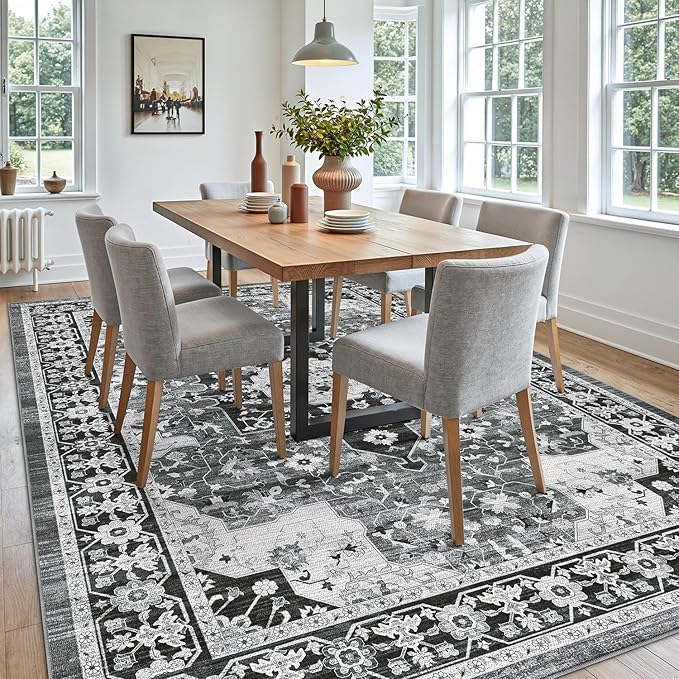 DEXI 6x9 Area Rug for Living Room, Washable Vintage Farmhouse Thin Rug Indoor Floor, Non Slip Stain Resistant Low Pile Carpet for Dining Room Bedroom Office, White Grey