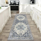 GENIMO 2x10 Runner Rugs for Hallway, Machine Washable Non Slip Vintage Rugs, Low Pile Lightweight Soft Print Rug for enrtyway, Corridor, Home Office, Kitchen, Center Blue