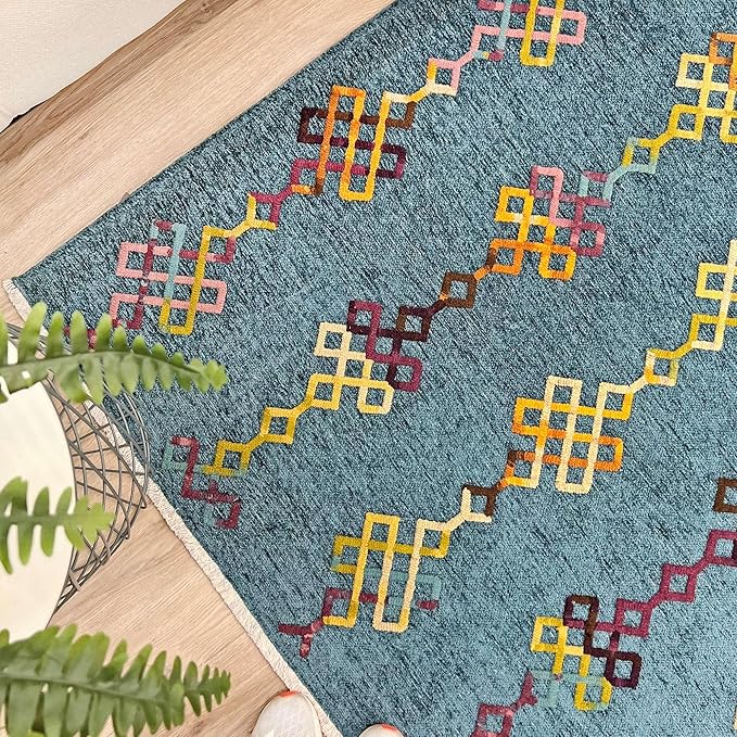 Alfa Rich 4x6 Moroccan Blue Washable Area Rugs for Living Room Bedroom Kitchen Decor Cotton Rug