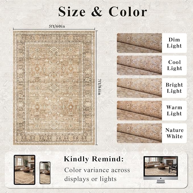 HelloTree Washable Rugs 5x7 Area Rug for Living Room, Vintage Boho Khaki Rug Non Slip Carpet Retro Accent Indoor Mat Print Distressed Low Pile Throw Large Rug for Office Bedside-Khaki