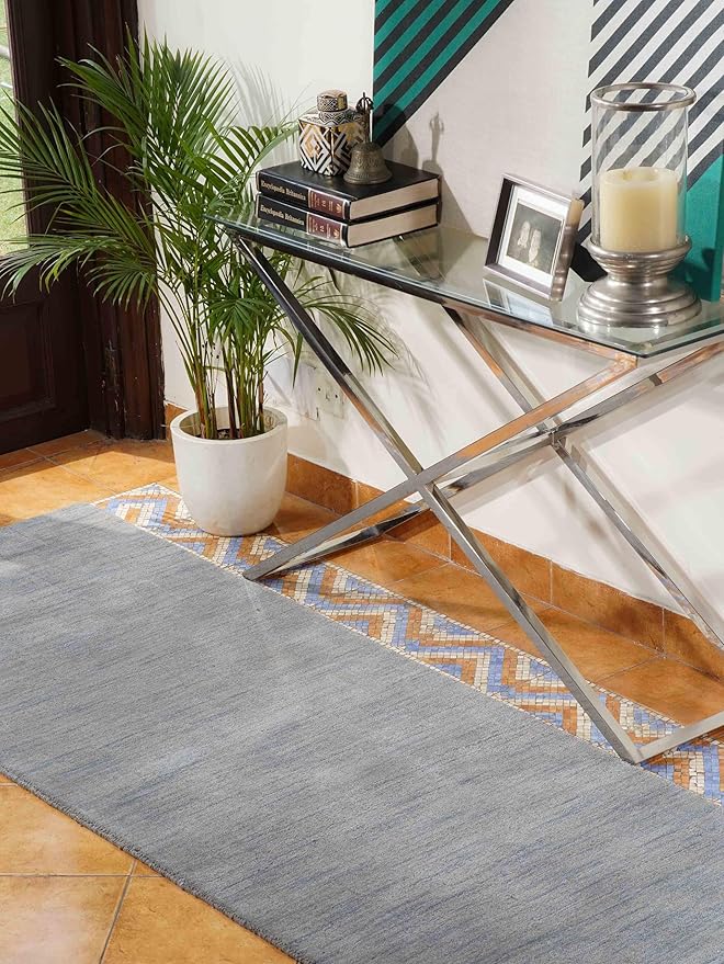 Hand Knotted Loom Wool ECO-Friendly Area Rugs - 2'6"x8', Runner, Light Blue Color, Solid Plain Design, High Pile Handmade Anti Skid Area Rugs for Living Room, Bed Room (L00111)