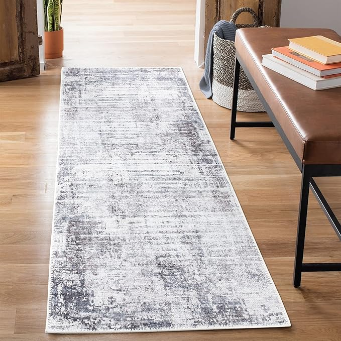 Bloom Rugs Washable Non-Slip 10 ft Runner - Gray/Charcoal/Blue Modern Abstract Runner for Entryway, Hallway, Bathroom, and Kitchen - Exact Size: 2.5' x 10'