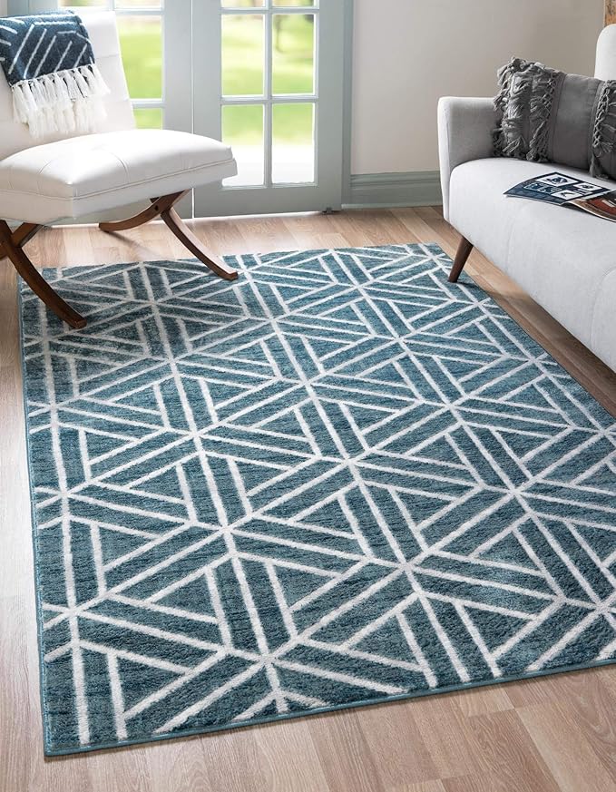 Rugs.com Lattice Trellis Collection Rug – 9' x 12' Blue Low-Pile Rug Perfect for Living Rooms, Large Dining Rooms, Open Floorplans