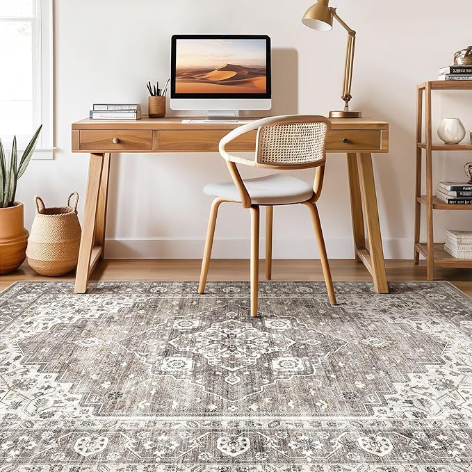 7x9 Area Rug Living Room: Washable Boho Large Neutral Vintage Soft Rugs Stain Resistant Farmhouse Non-Slip Indoor Rustic Floor Carpet for Bedroom Nursery Kids Playroom Office Dining Room- Dark Brown