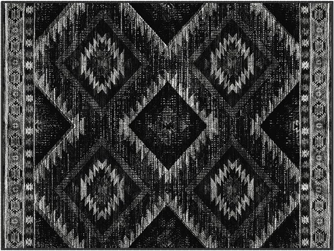 Area Rug 10x12 Rug Machine Washable Non-Slip Low Pile Print Pattern Western Rug for Living Room Bedroom Entryway Tribal Series-Black