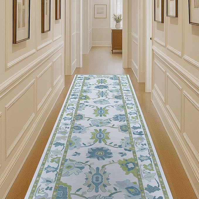 Green Oushak Rug, Modern Rugs, Vintage, Turkish, Eclectic, Floral, Pastel, Washable, Small Throw, Accent Area Rug for Living Room, Bedroom, Kitchen, Bathroom, 2'5"x4'11"
