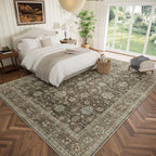Washable 10x14 Area Rugs for Living Room, Boho Non-Slip Vintage Distress Large Rugs for Bedroom Dining Room Office, 0.3" Neutral Oriental Throw Thin Carpet, Tan/Flaxen/Multi