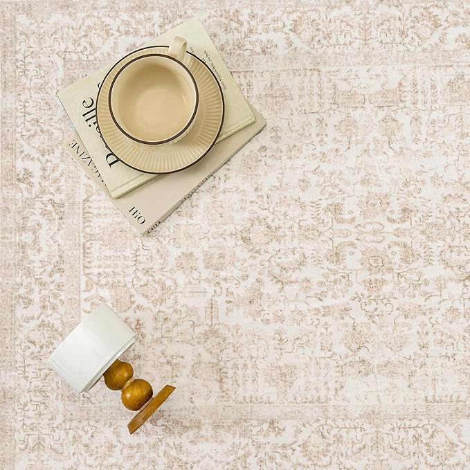 Beige Area Rug 8x10 Machine Washable Large Vintage Living Room Distressed Non Slip Carpet Traditional Indoor Bedroom Retro Floral Accent Throw Rug for Office Kitchen Dining Room