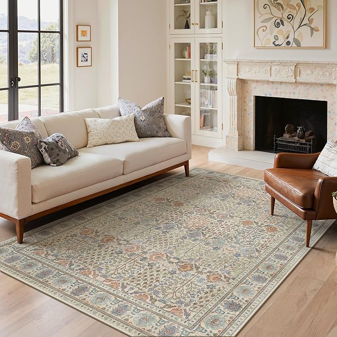 Bavni Area Rugs for Living Room, 5x7 Area Rugs Non-Slip Washable，Ultra-Thin Aesthetic Boho Rug for Bedroom Dinning Room Office, Earth Yellow
