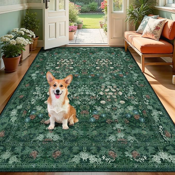 Green Boho Floral 3x5 Rugs for Large Entryway, Farmhouse Botanical Washable Area Rug for Dorm, Bedroom Bedside, Foyer, Kitchen, Laundry - Cottagecore Distressed Carpet, Low Pile Non Slip Mat