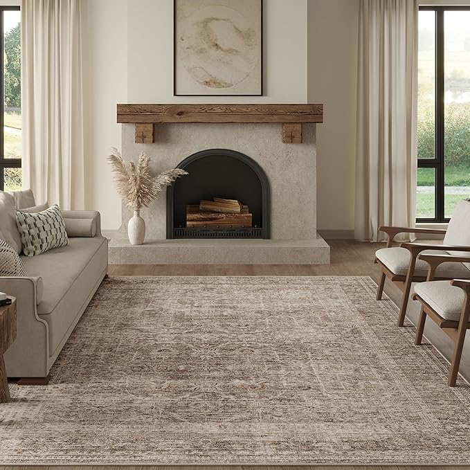 FMFUNCTEX 9x12 Washable Area Rug Vintage Neutral Distressed Large Taupe Non Slip Carpet for Living Room Bedroom Soft Low Pile Indoor Mat Retro Floral Throw Rug for Dining Room Kitchen Office Nursery