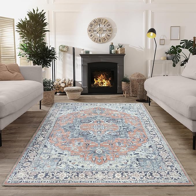Bloom Rugs Washable Non-Slip 6' x 9' Rug - Coral/Blue Traditional Medallion Area Rug for Living Room, Bedroom, Dining Room, and Kitchen - Exact Size: 6' x 9'