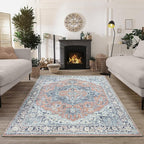 Bloom Rugs Washable Non-Slip 9' x 12' Rug - Coral/Blue Traditional Medallion Area Rug for Living Room, Bedroom, Dining Room, and Kitchen - Exact Size: 9' x 12'