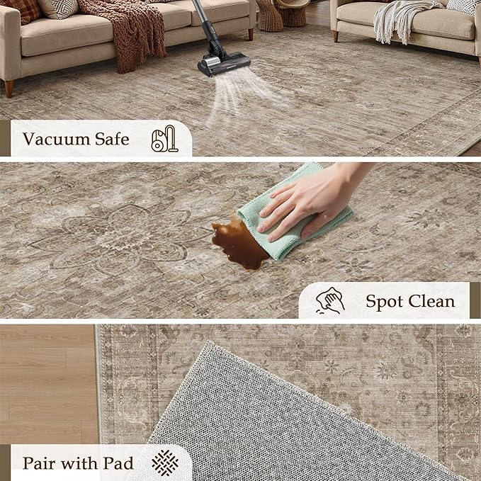 HUGEAR Washable 2x3 Entryway Area Rugs Retro Brown Small Vintage Distressed Non Slip Stain Resistant Low Pile Neutral Throw Carpet for Bedside Kitchen Entryway Home Decor