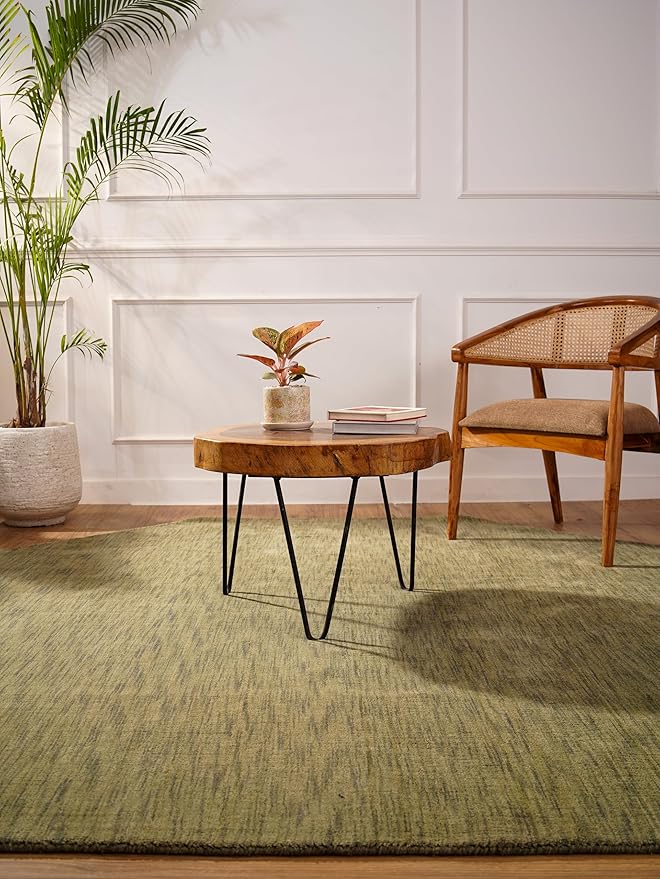 Hand Knotted Loom Wool ECO-Friendly Area Rugs - 6'x6', Octagon, Green Color, Solid Plain Design, High Pile Thick Handmade Anti Skid Area Rugs for Living Room, Bed Room (L00111)